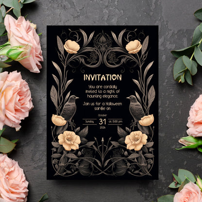 Gothic Victorian Halloween Invitation - Elegant Raven and Floral Design