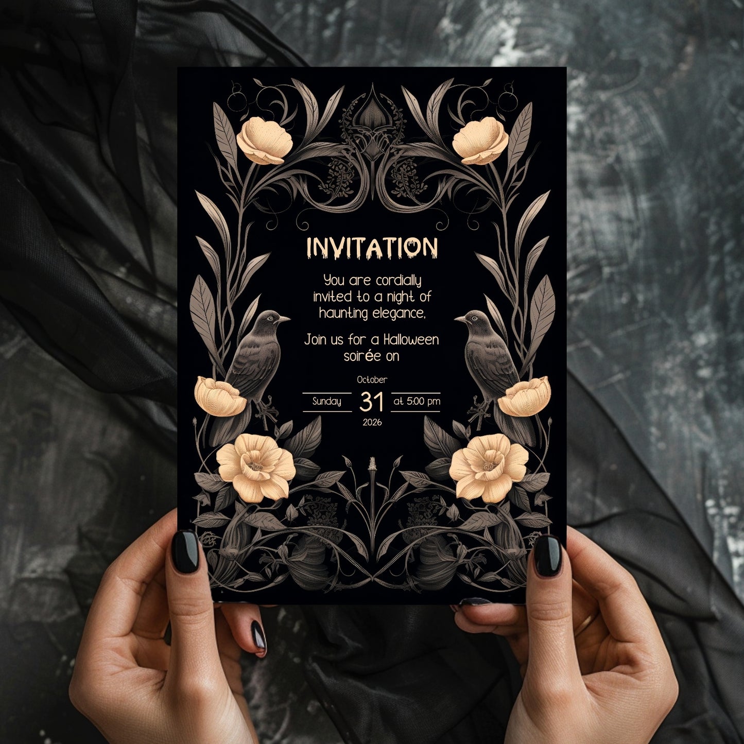 Gothic Victorian Halloween Invitation - Elegant Raven and Floral Design