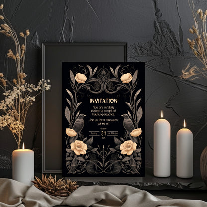 Gothic Victorian Halloween Invitation - Elegant Raven and Floral Design