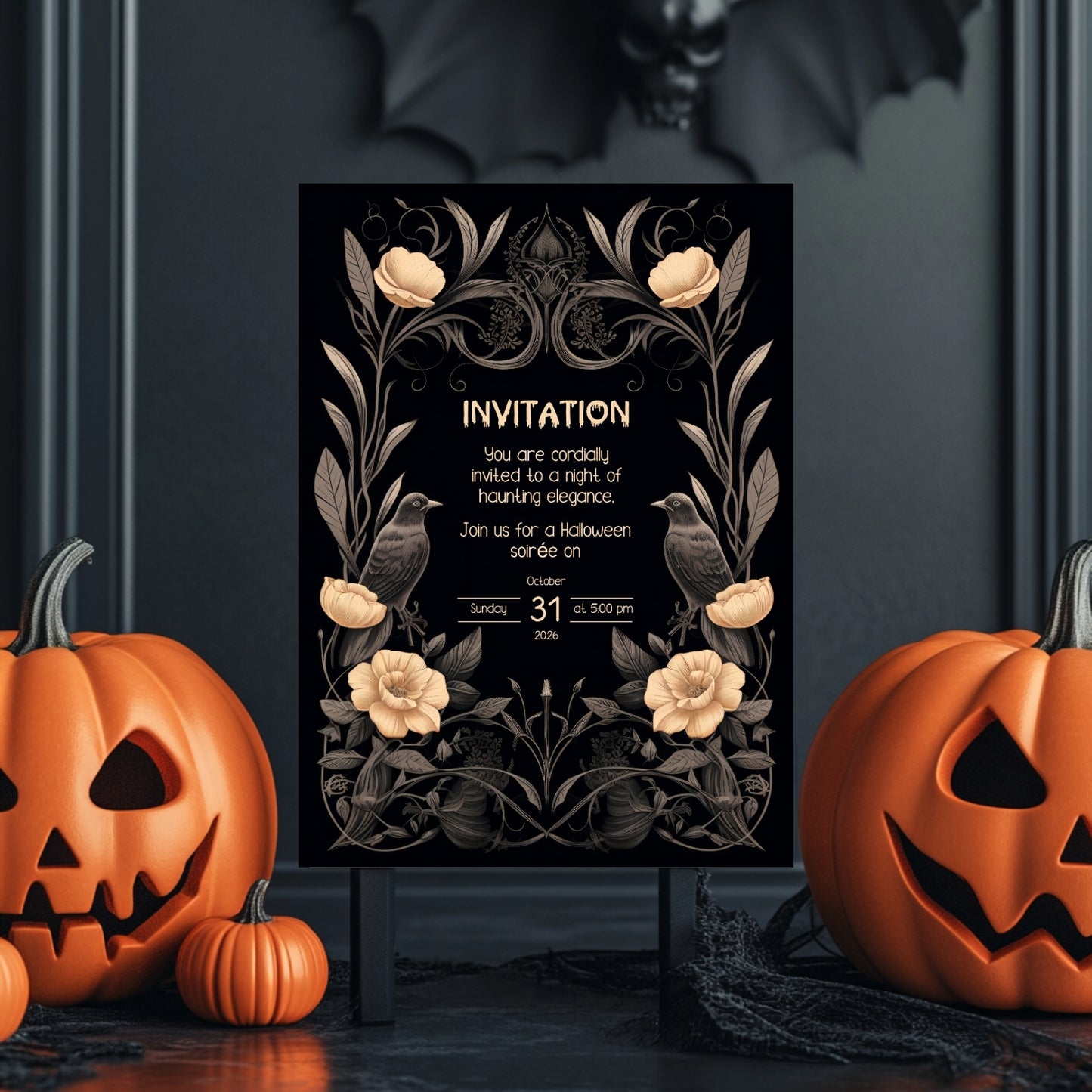 Gothic Victorian Halloween Invitation - Elegant Raven and Floral Design