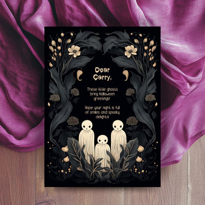 Whimsical Gothic Halloween Invitation - Cute Ghost and Botanical Design