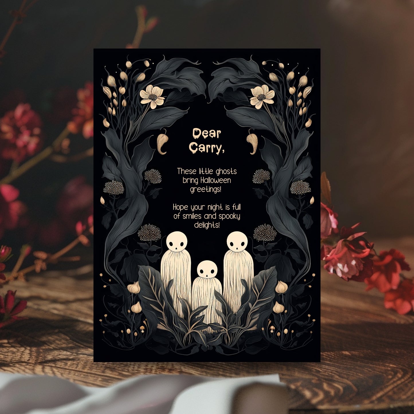 Whimsical Gothic Halloween Invitation - Cute Ghost and Botanical Design