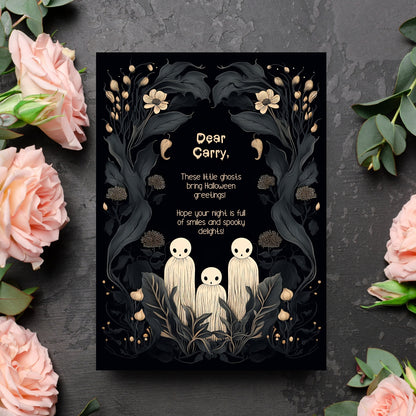 Whimsical Gothic Halloween Invitation - Cute Ghost and Botanical Design