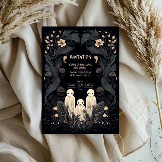 Whimsical Gothic Halloween Invitation - Cute Ghost and Botanical Design