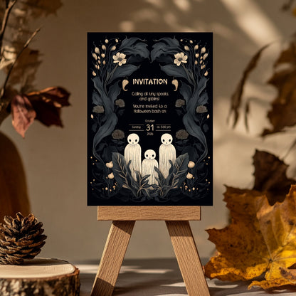 Whimsical Gothic Halloween Invitation - Cute Ghost and Botanical Design