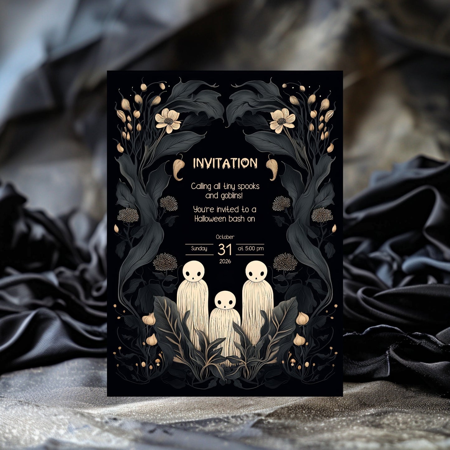 Whimsical Gothic Halloween Invitation - Cute Ghost and Botanical Design