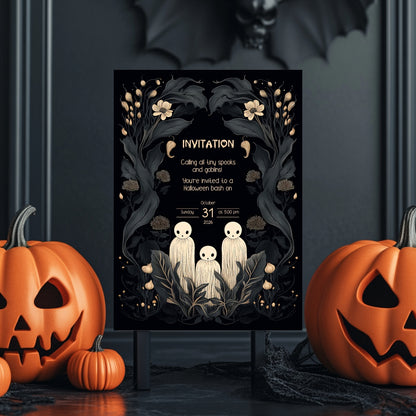 Whimsical Gothic Halloween Invitation - Cute Ghost and Botanical Design