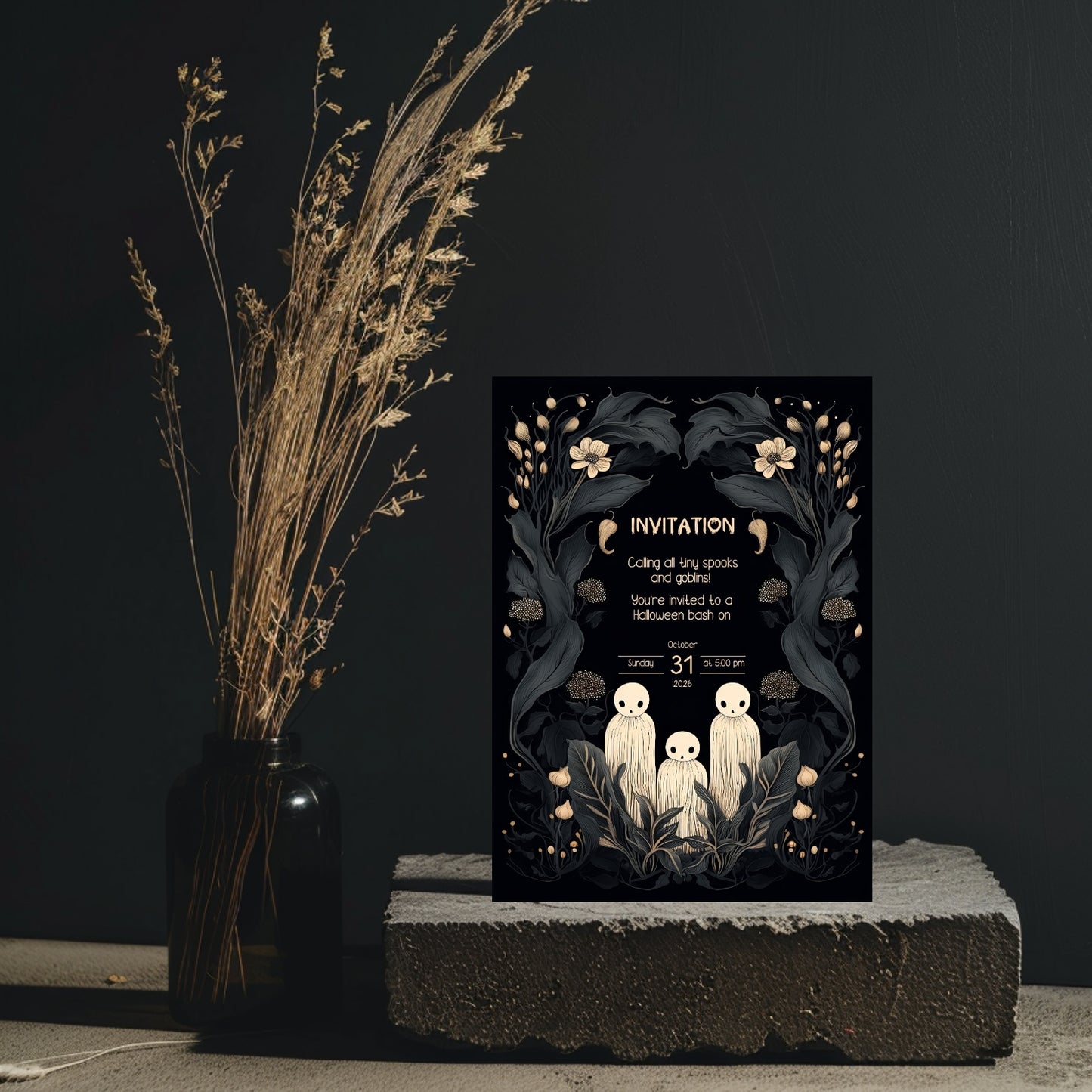 Whimsical Gothic Halloween Invitation - Cute Ghost and Botanical Design