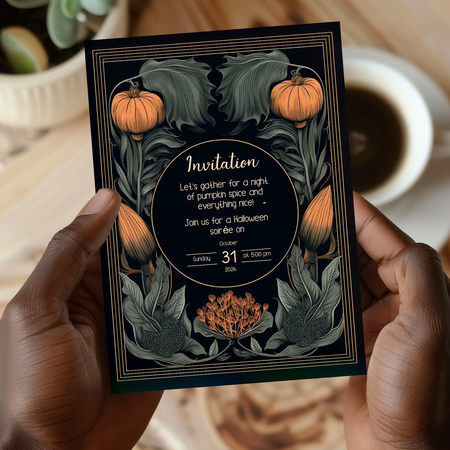 Autumn Gothic Halloween Invitation - Pumpkin and Floral Harvest Design