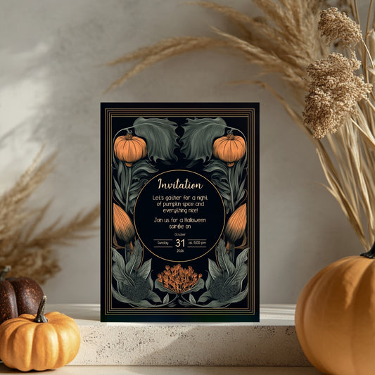 Autumn Gothic Halloween Invitation - Pumpkin and Floral Harvest Design