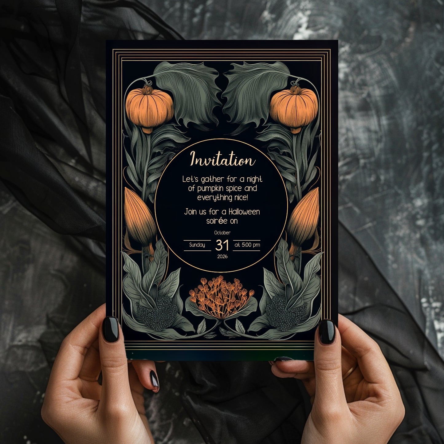 Autumn Gothic Halloween Invitation - Pumpkin and Floral Harvest Design