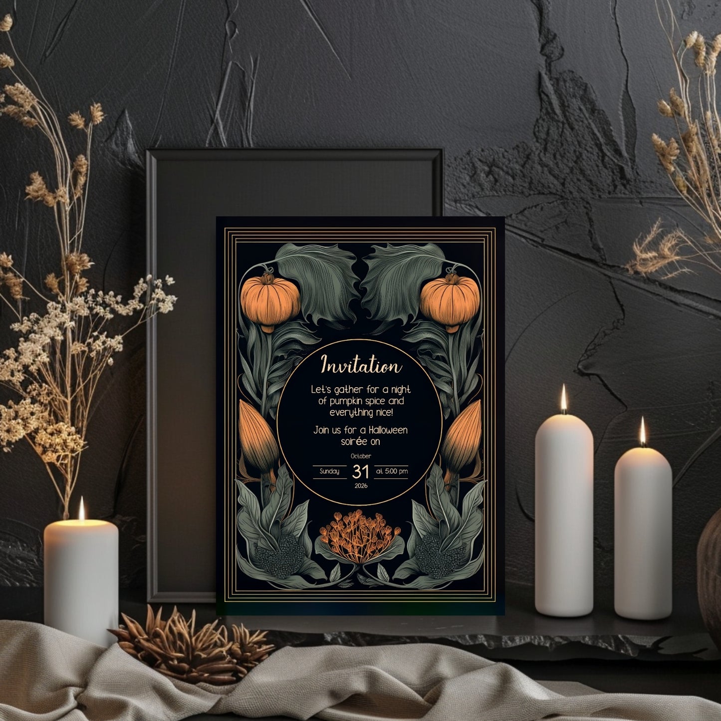 Autumn Gothic Halloween Invitation - Pumpkin and Floral Harvest Design