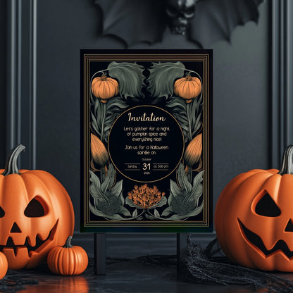 Autumn Gothic Halloween Invitation - Pumpkin and Floral Harvest Design