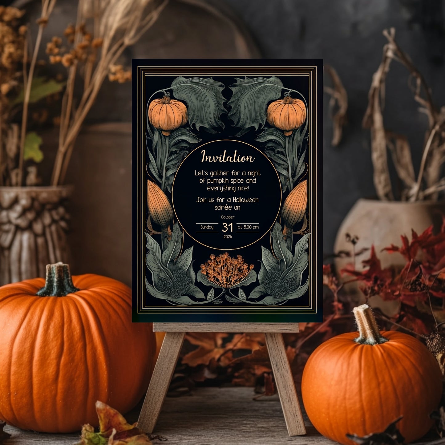 Autumn Gothic Halloween Invitation - Pumpkin and Floral Harvest Design