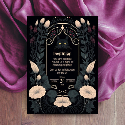 Gothic Art Nouveau Halloween Invitation - Mystic Black Cat