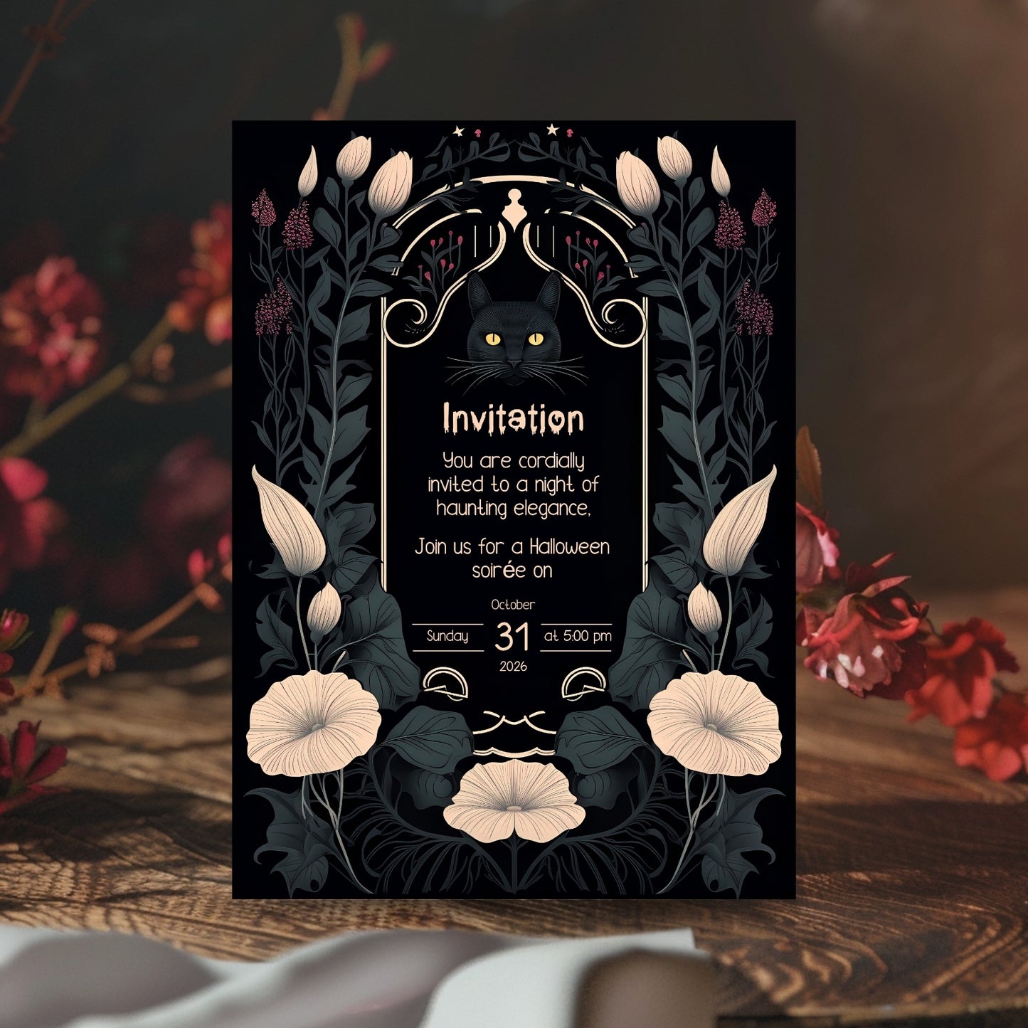 Gothic Art Nouveau Halloween Invitation - Mystic Black Cat