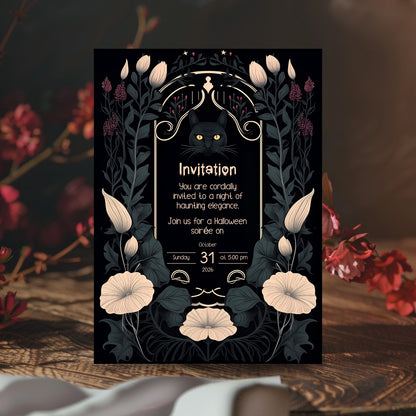 Gothic Art Nouveau Halloween Invitation - Mystic Black Cat