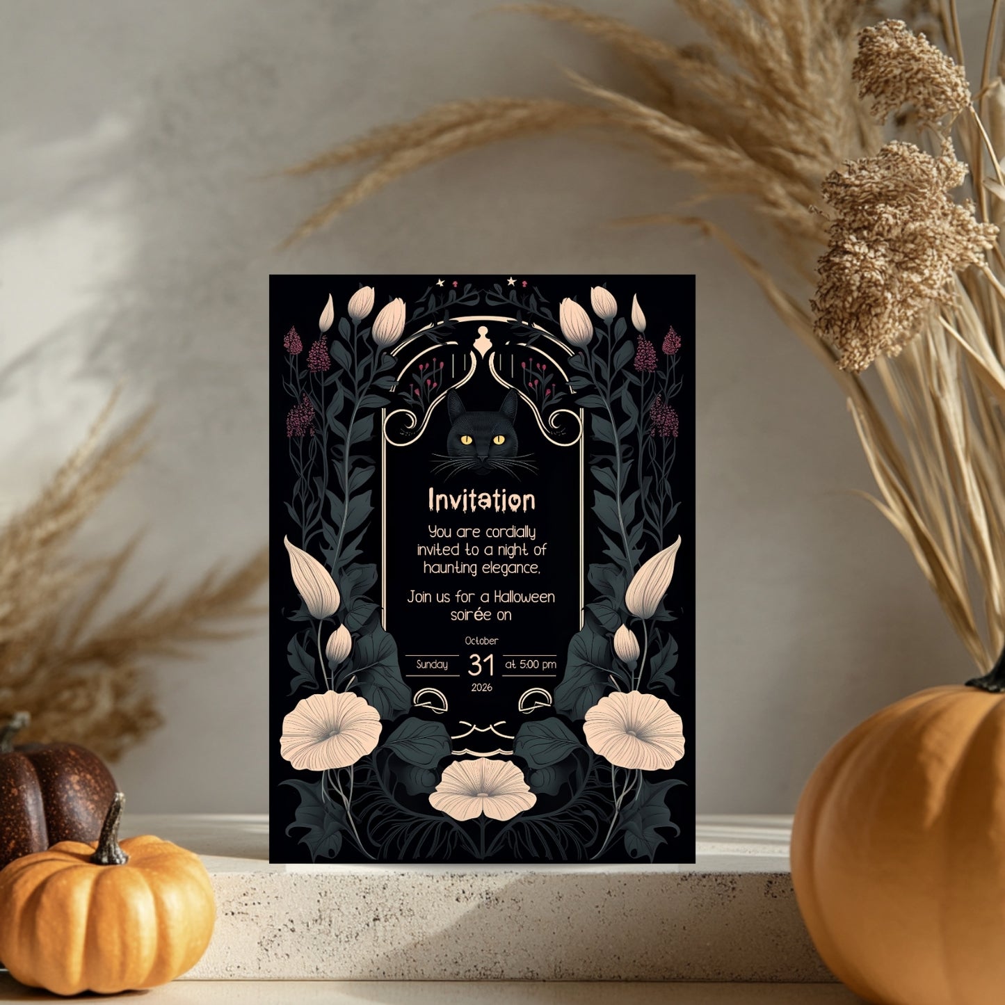 Gothic Art Nouveau Halloween Invitation - Mystic Black Cat