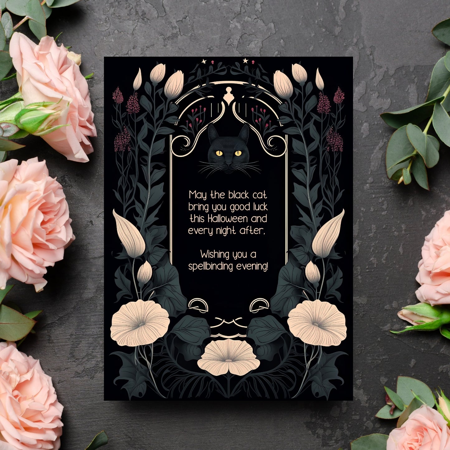 Gothic Art Nouveau Halloween Invitation - Mystic Black Cat