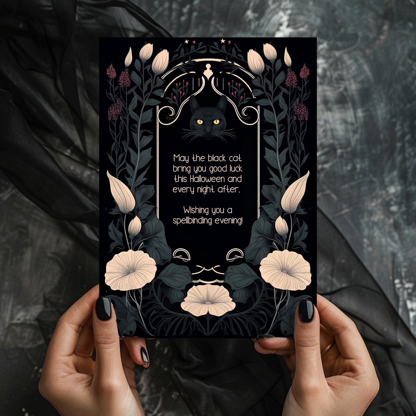 Gothic Art Nouveau Halloween Invitation - Mystic Black Cat