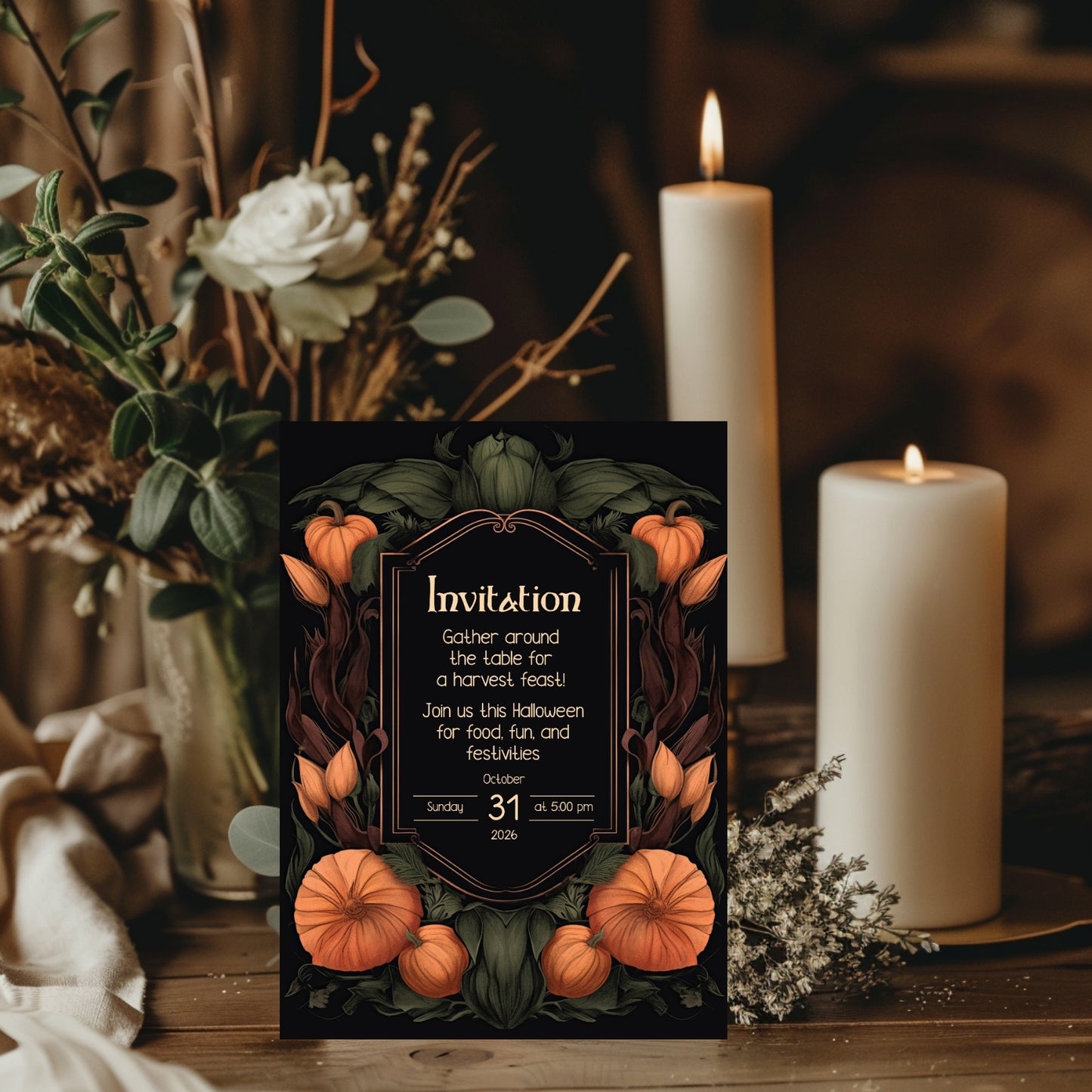 Harvest Gothic Halloween Invitation - Pumpkin and Floral Autumn Feast Design