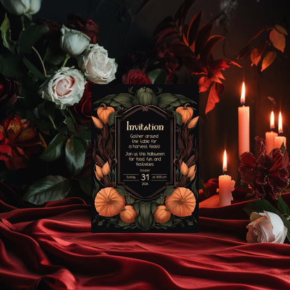 Harvest Gothic Halloween Invitation - Pumpkin and Floral Autumn Feast Design