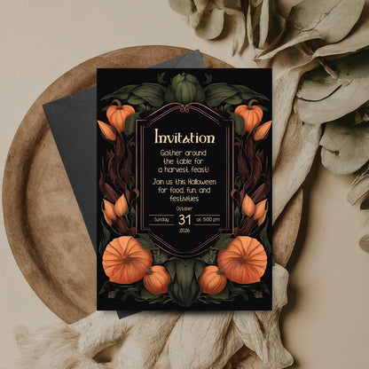 Harvest Gothic Halloween Invitation - Pumpkin and Floral Autumn Feast Design