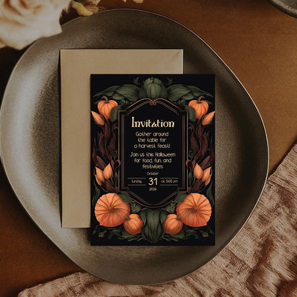 Harvest Gothic Halloween Invitation - Pumpkin and Floral Autumn Feast Design