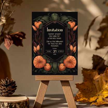 Harvest Gothic Halloween Invitation - Pumpkin and Floral Autumn Feast Design