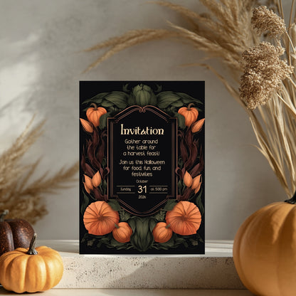 Harvest Gothic Halloween Invitation - Pumpkin and Floral Autumn Feast Design