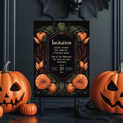 Harvest Gothic Halloween Invitation - Pumpkin and Floral Autumn Feast Design