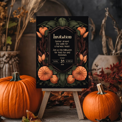 Harvest Gothic Halloween Invitation - Pumpkin and Floral Autumn Feast Design