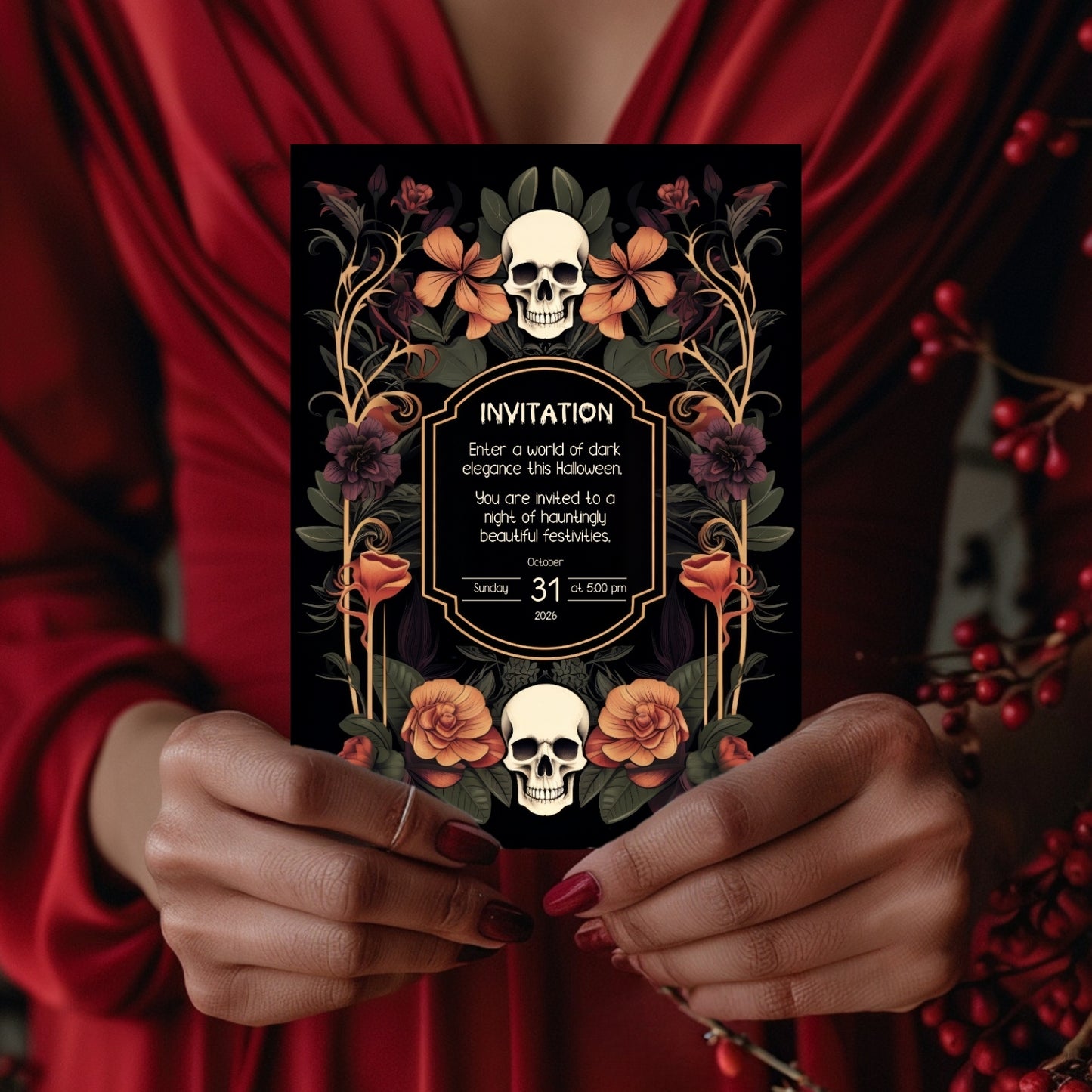 Gothic Art Nouveau Halloween Invitation - Elegant Skull and Floral Design