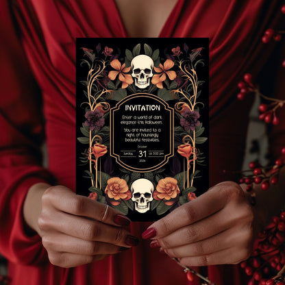 Gothic Art Nouveau Halloween Invitation - Elegant Skull and Floral Design