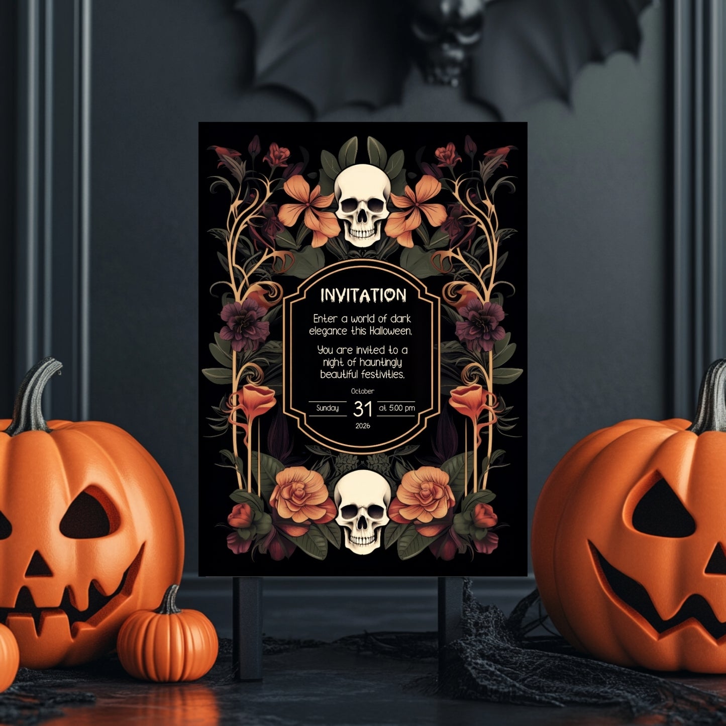 Gothic Art Nouveau Halloween Invitation - Elegant Skull and Floral Design