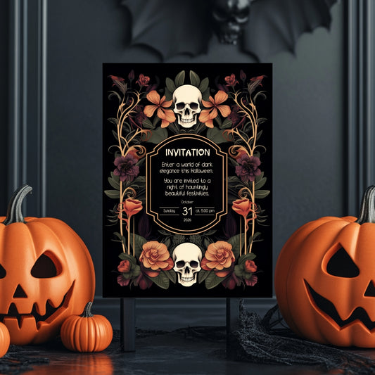 Gothic Art Nouveau Halloween Invitation - Elegant Skull and Floral Design