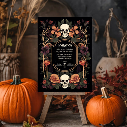 Gothic Art Nouveau Halloween Invitation - Elegant Skull and Floral Design