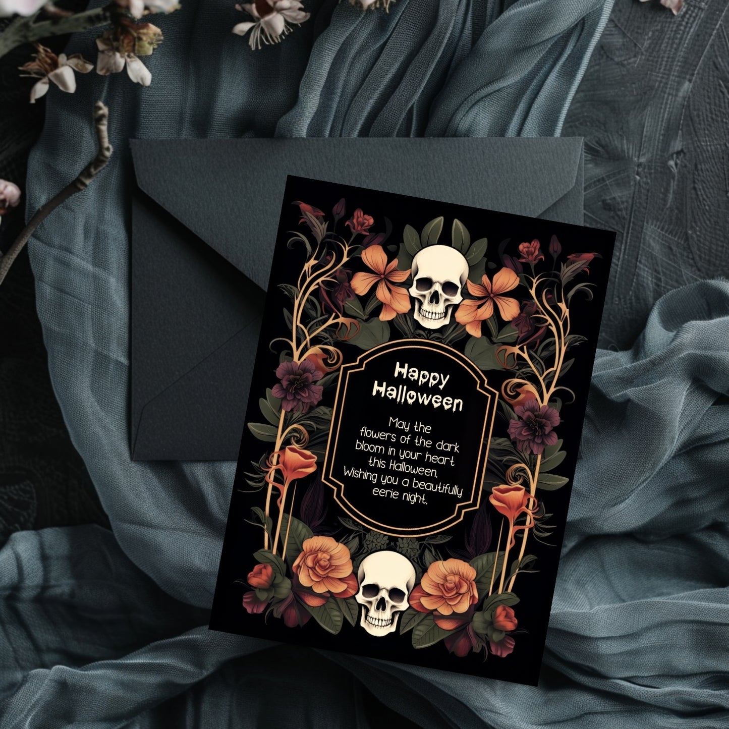 Gothic Art Nouveau Halloween Invitation - Elegant Skull and Floral Design