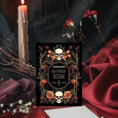 Gothic Art Nouveau Halloween Invitation - Elegant Skull and Floral Design