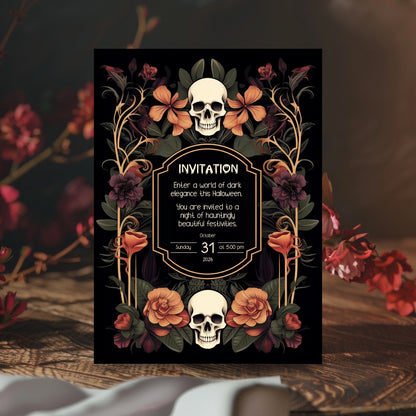 Gothic Art Nouveau Halloween Invitation - Elegant Skull and Floral Design