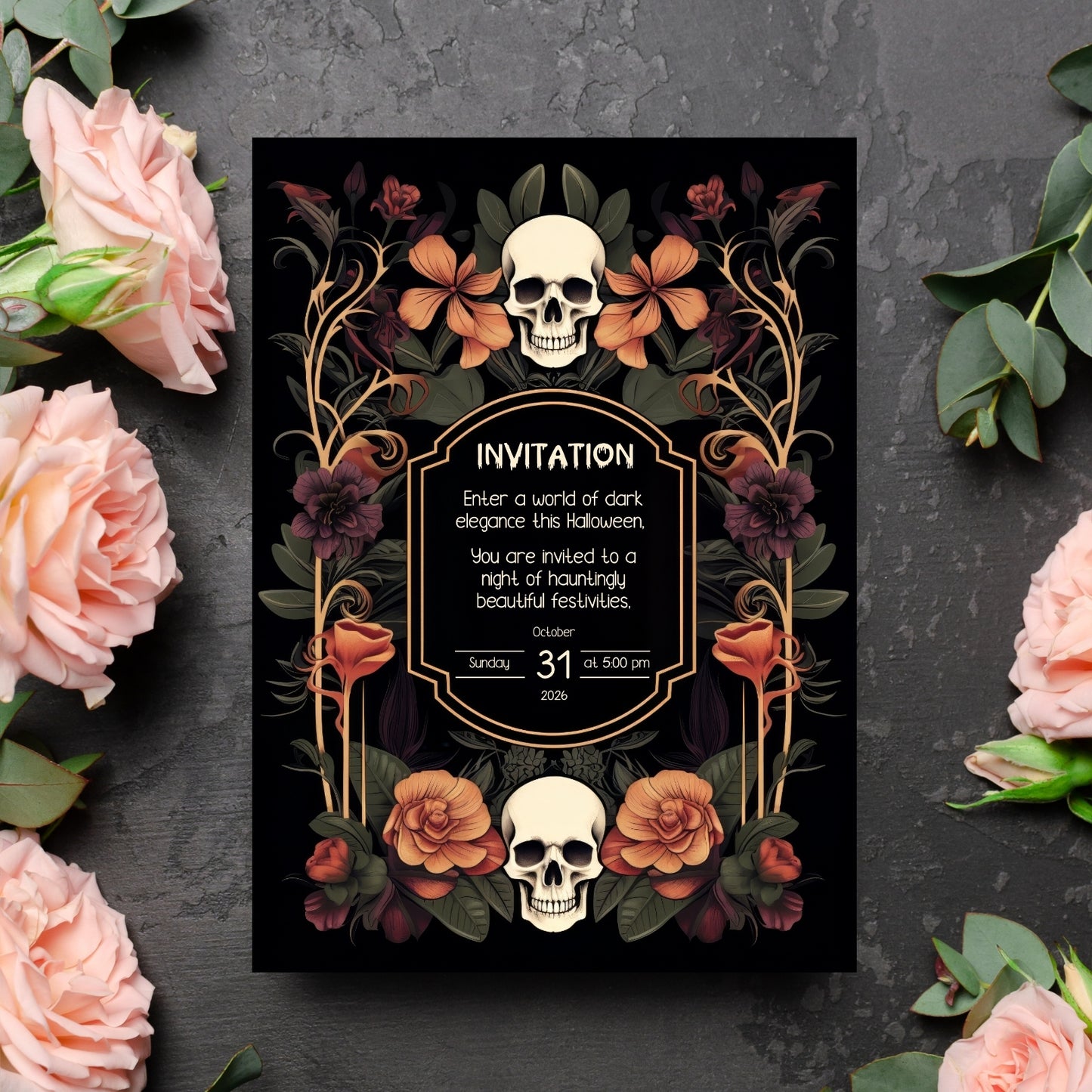 Gothic Art Nouveau Halloween Invitation - Elegant Skull and Floral Design