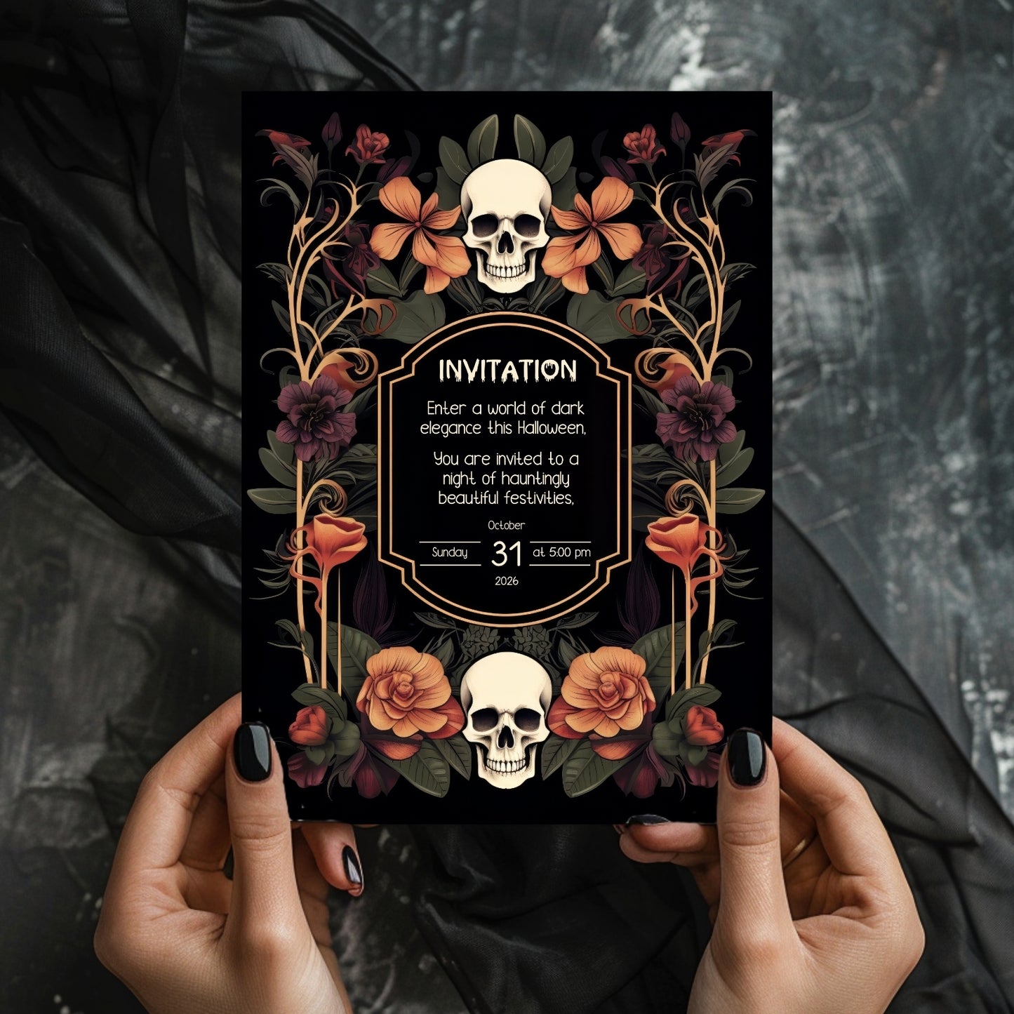 Gothic Art Nouveau Halloween Invitation - Elegant Skull and Floral Design