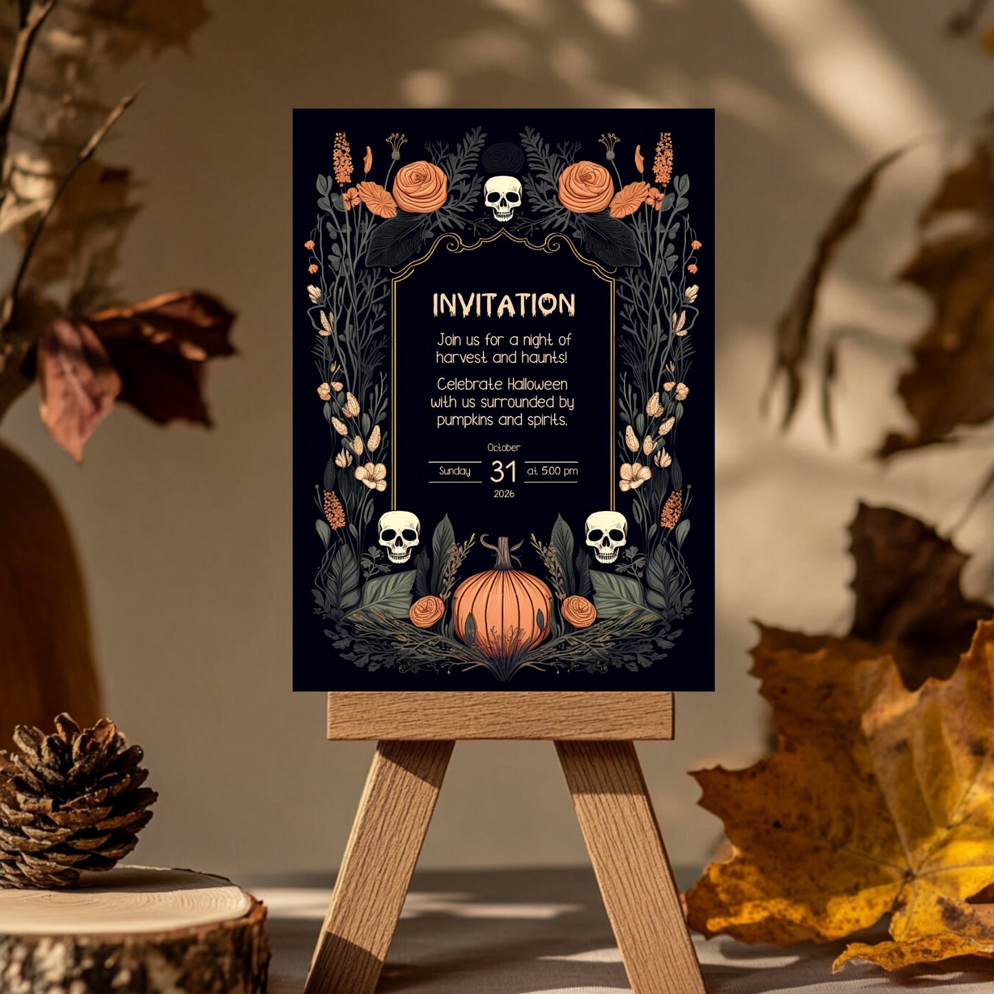 Harvest Gothic Halloween Invitation - Pumpkin and Skull Autumnal Design