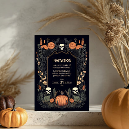 Harvest Gothic Halloween Invitation - Pumpkin and Skull Autumnal Design