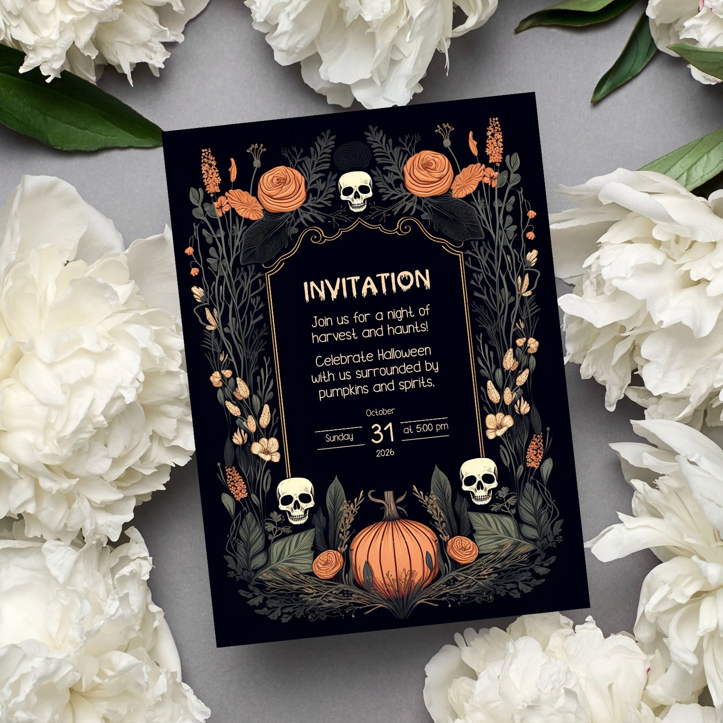 Harvest Gothic Halloween Invitation - Pumpkin and Skull Autumnal Design