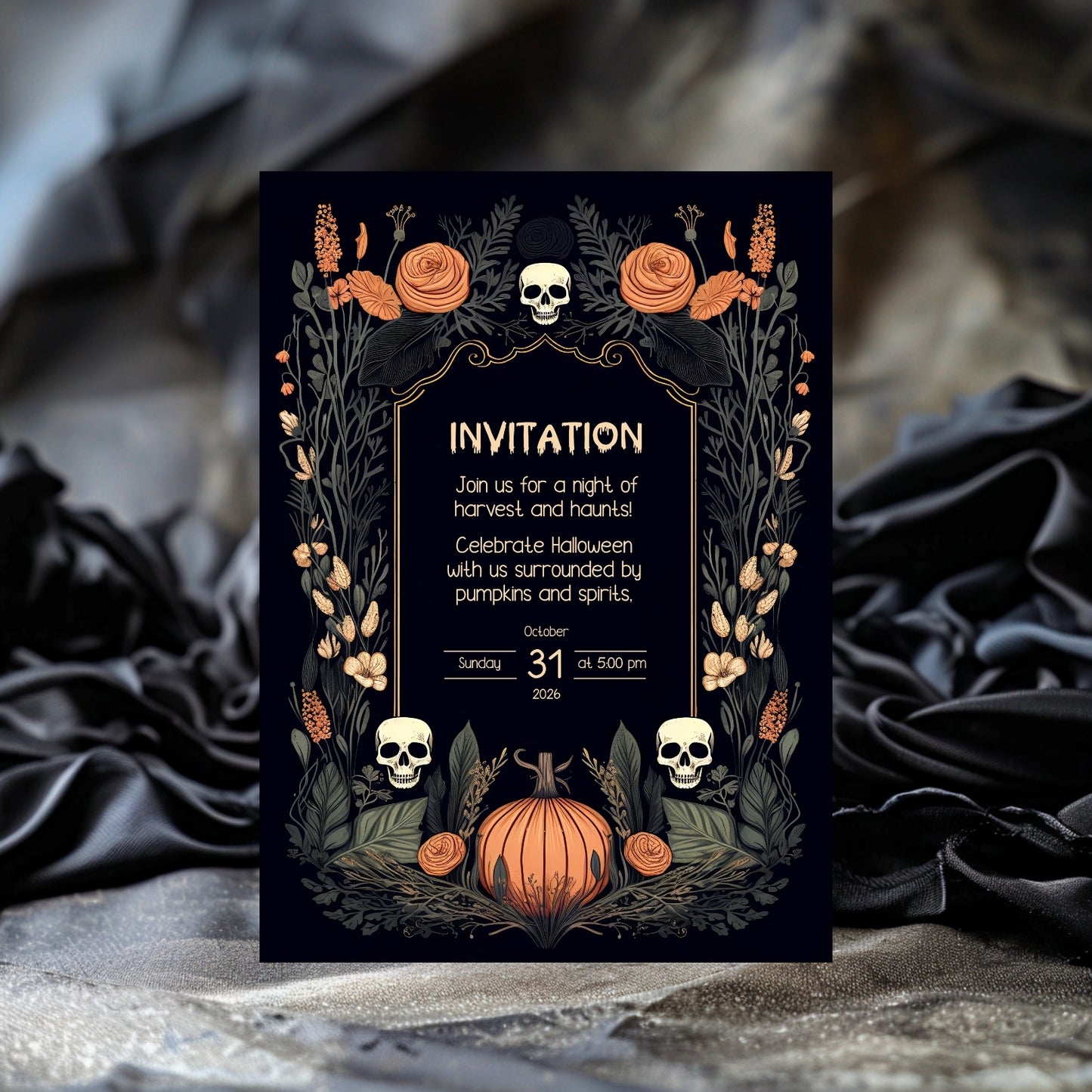 Harvest Gothic Halloween Invitation - Pumpkin and Skull Autumnal Design