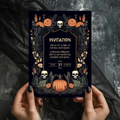 Harvest Gothic Halloween Invitation - Pumpkin and Skull Autumnal Design