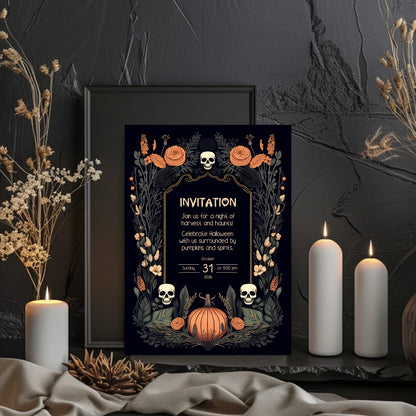 Harvest Gothic Halloween Invitation - Pumpkin and Skull Autumnal Design