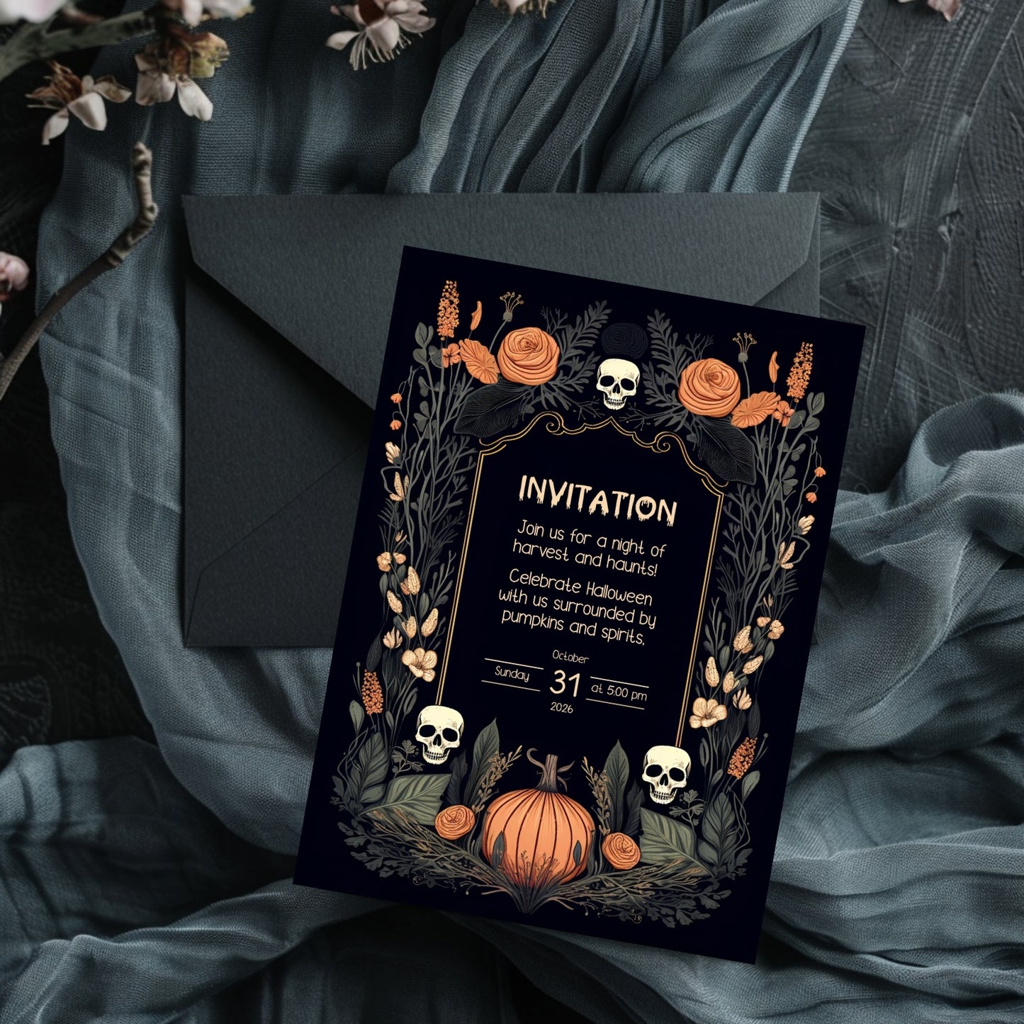 Harvest Gothic Halloween Invitation - Pumpkin and Skull Autumnal Design