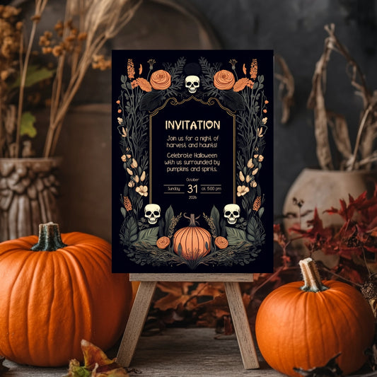 Harvest Gothic Halloween Invitation - Pumpkin and Skull Autumnal Design